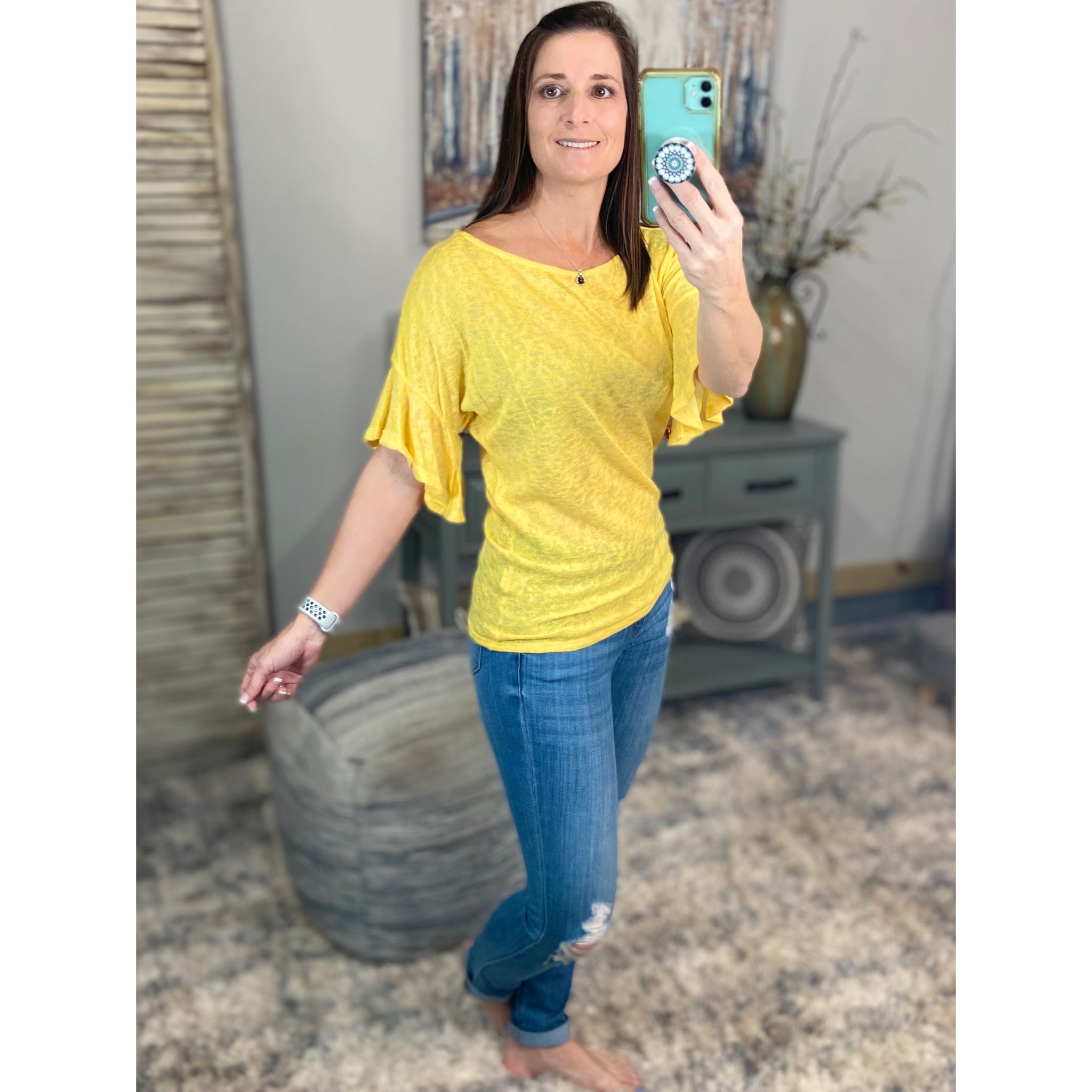 "Charmed Life" Boat Neck Short Ruffle Bell Dolman Sleeve Top Yellow