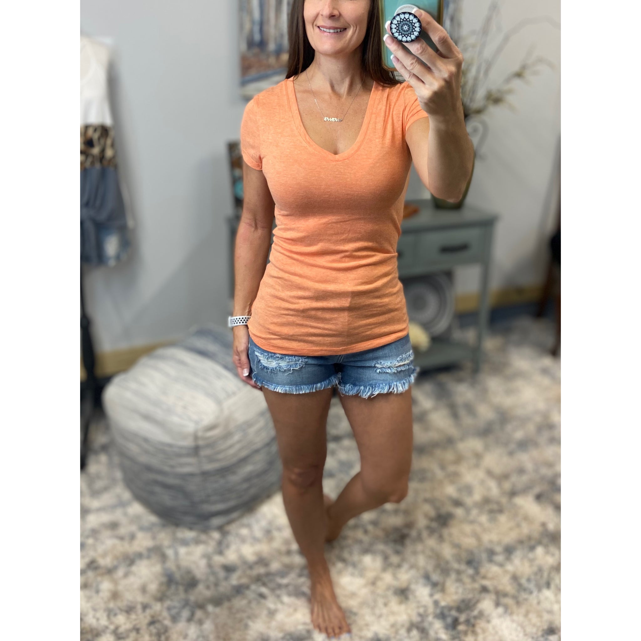 Low Cut V-Neck Melange Baby Slimming Short Sleeve Basic Tee Shirt Orange