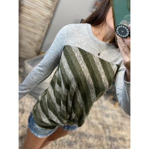 "All Tied Up" Striped Color Block Contrast Knot Front Light Sweater Long Sleeve Green