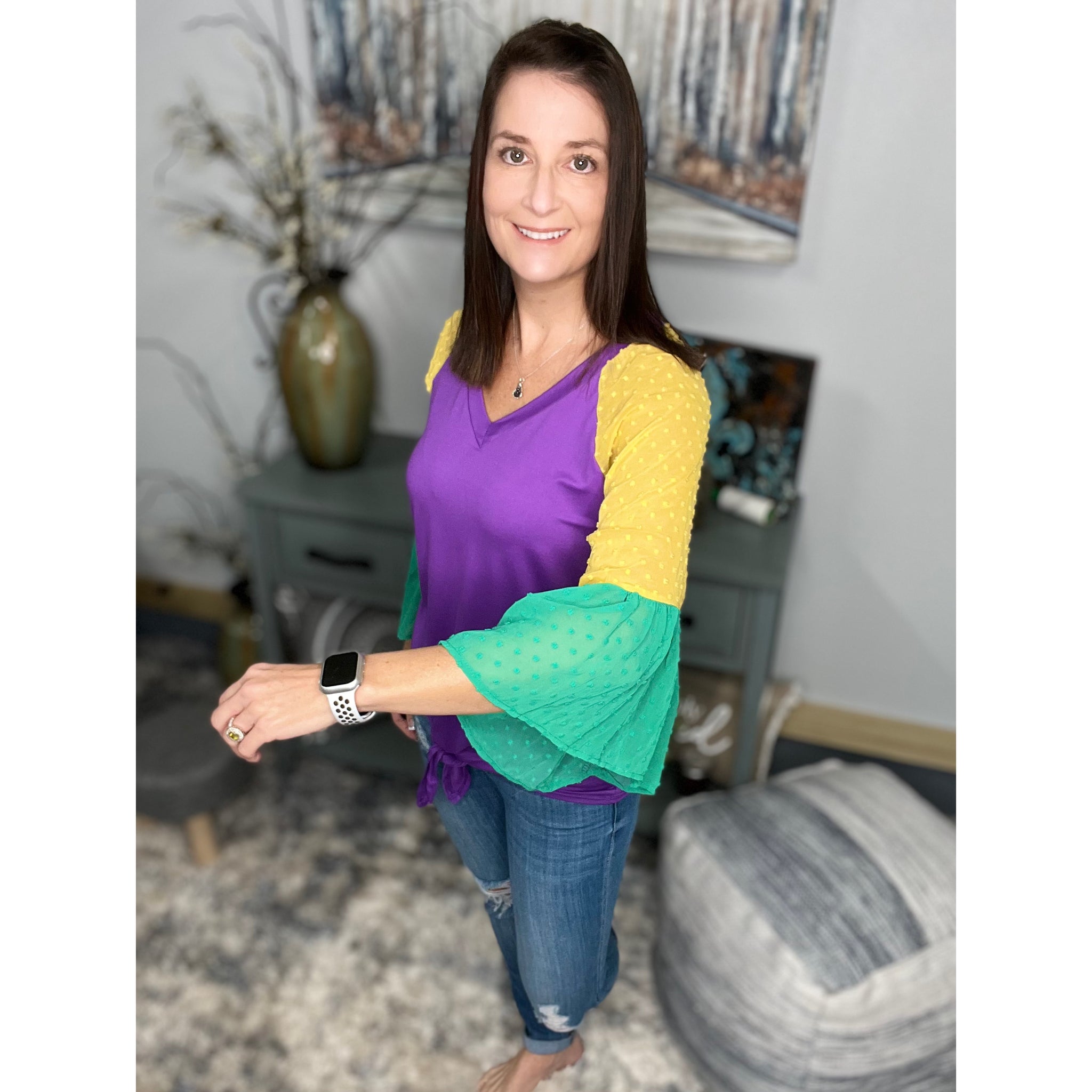 "Beads or Bust" Mardi Gras Color Block Swiss Dot Flutter Bell Sleeves V Neck Tie Bottom Shirt Purple Green & Gold