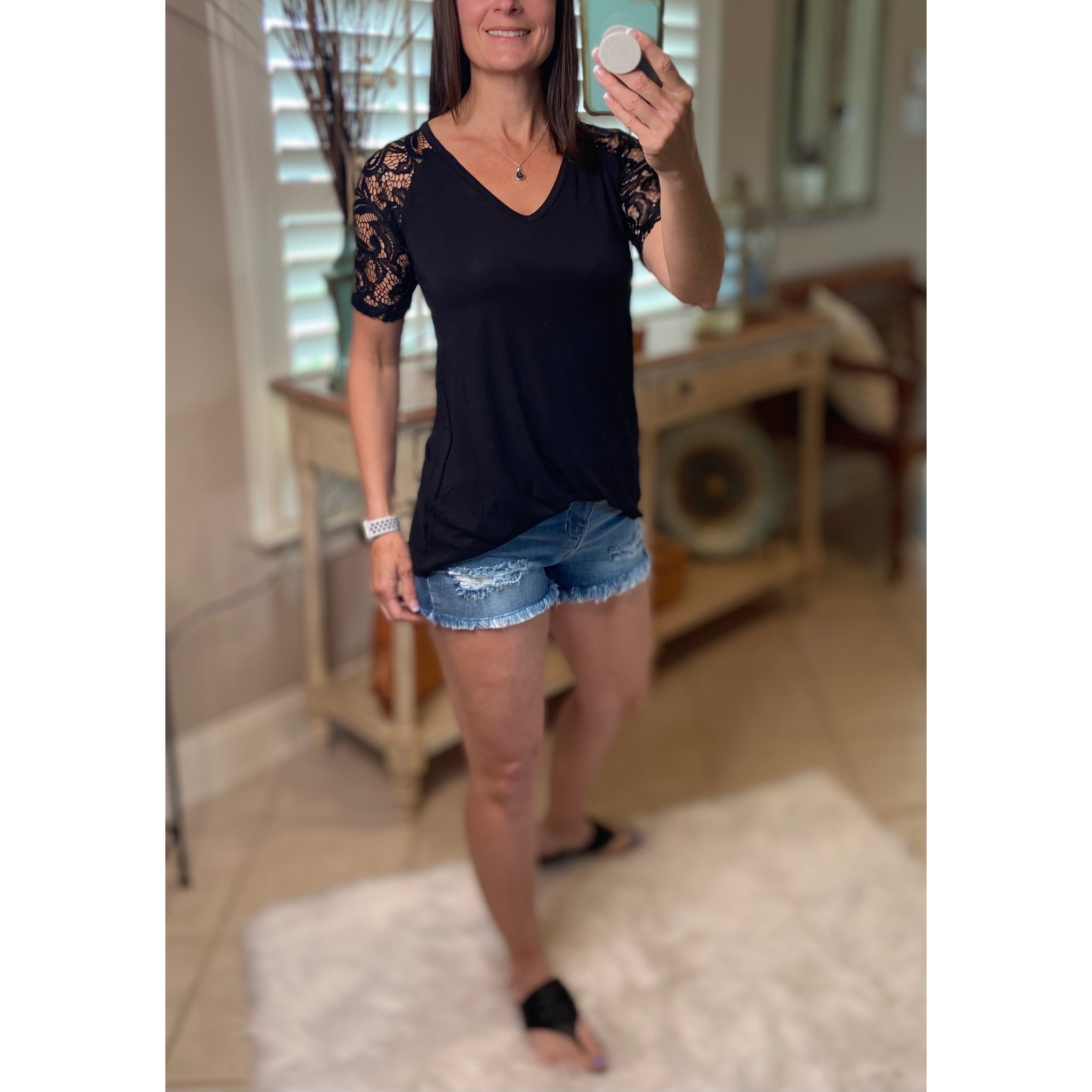 "All About The Lace" Lace Short Sleeve V-Neck Rounded Bottom Dressy Black S/M/L/XL