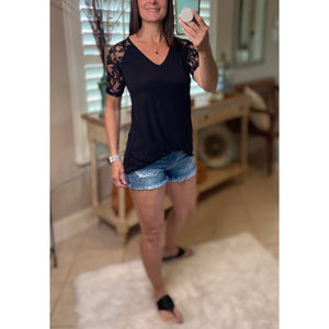 "All About The Lace" Lace Short Sleeve V-Neck Rounded Bottom Dressy Black S/M/L/XL