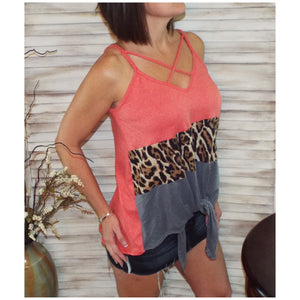 Sexy V-Neck Floaty Self Tie Animal Print Color Block Summer Tank Coral
