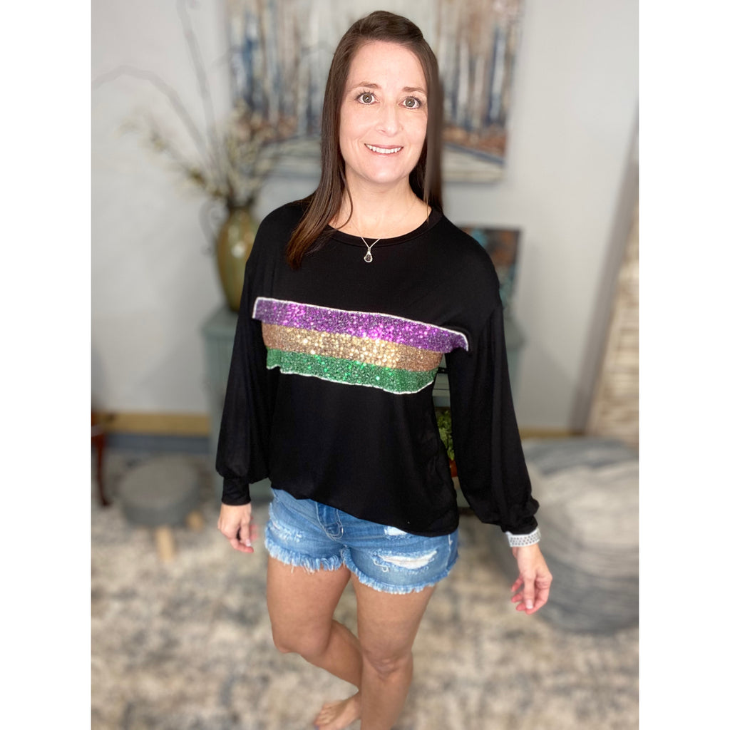 "Second Line" Mardi Gras Striped Sequined Color Block V-Neck Shirt Purple Green & Gold Black