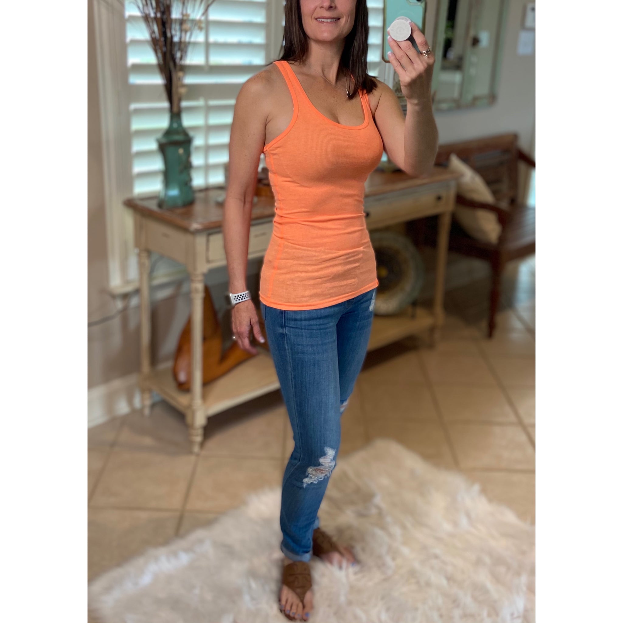 “Can’t Touch This” Ribbed Low Scoop Neck Boy Beater Cleavage Fitted Sleeveless Tank Top Neon Orange