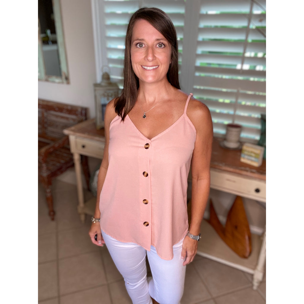 “Simply Perfect” V-Neck Button Up Floaty Spaghetti Strap Summer Tank Top Pink S/M/L/XL