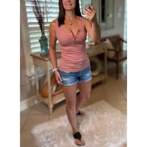 “Let The Sun Shine” Ribbed Henley Low Cut Boy Beater Cleavage Fitted Tank Top Pink