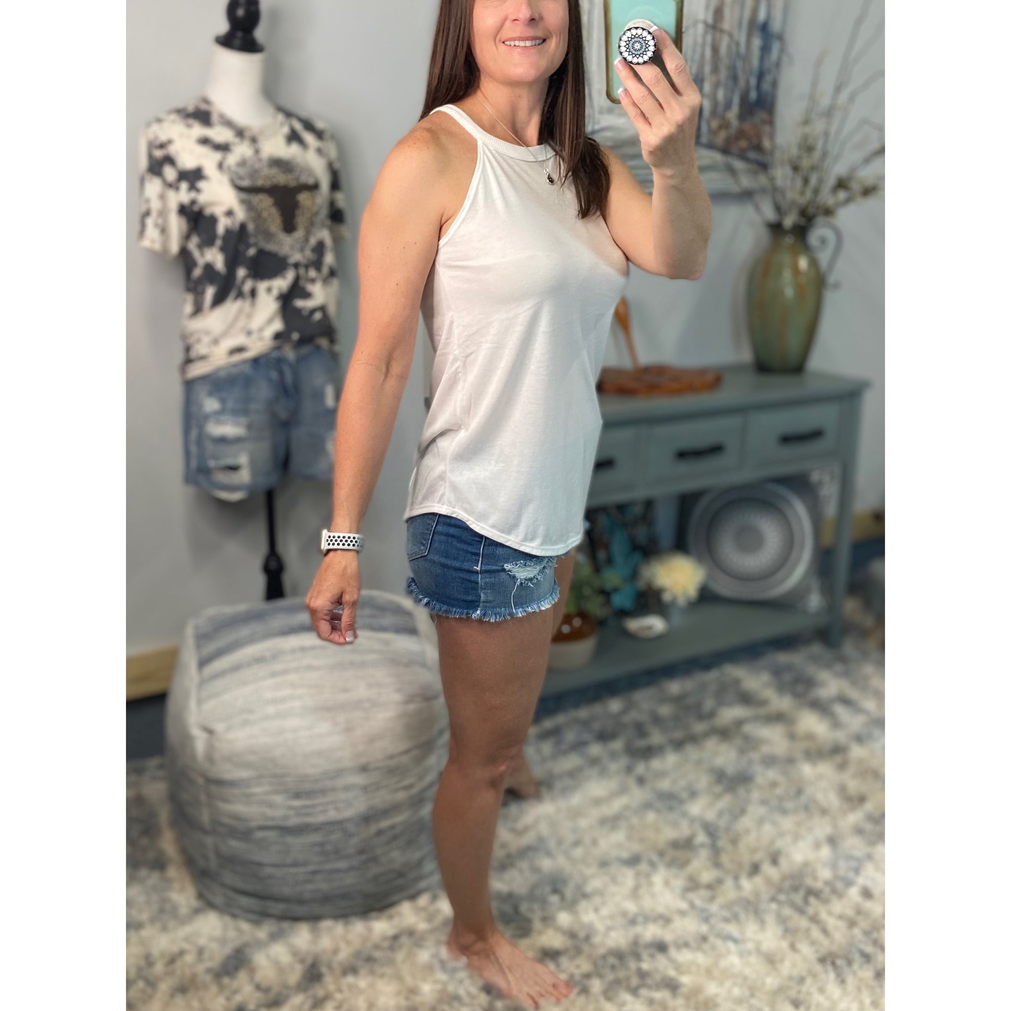 Tri Rocker Racerback Round Neck Floaty Trendy Tank Top Summer White