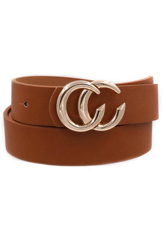 Double C Metal Buckle Faux Leather Belt Brown Gold