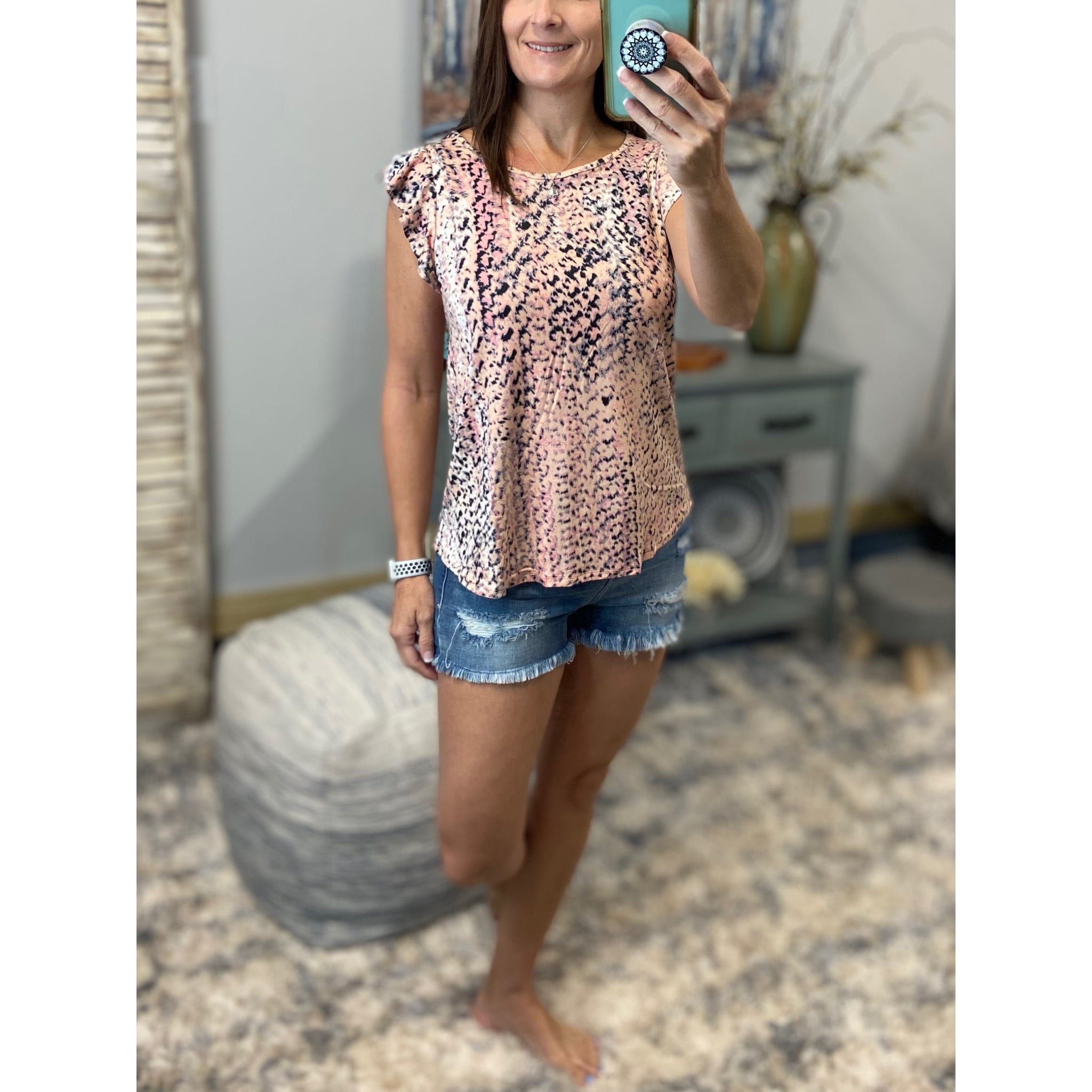 “I’ve Come a Long Way” Snake Print Short Flutter Ruffle Sleeve Round Neck Floaty Summer Blouse Top Pink