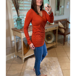 “Be My Baby” Loose Slimming V Neck Low Cut Long Sleeve Tissue Basic Baby Shirt Top Rust