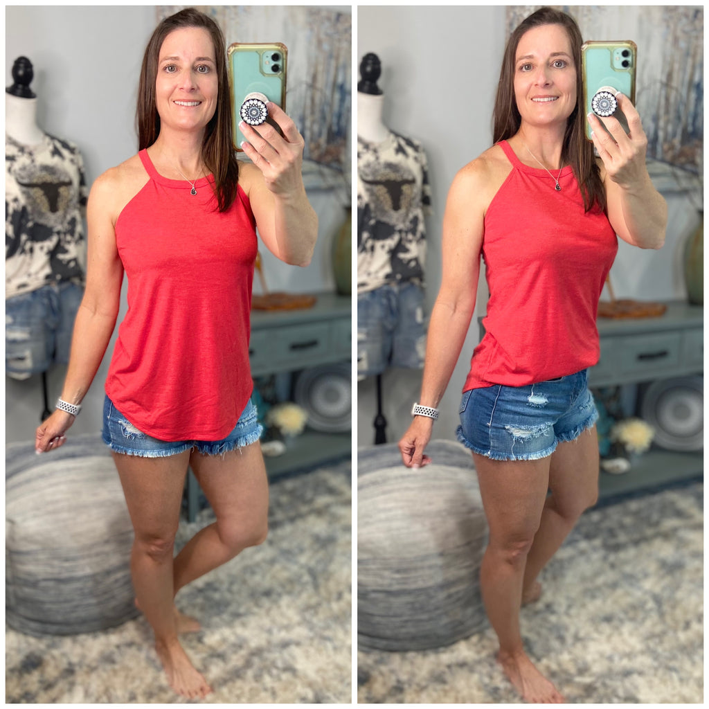 Tri Rocker Racerback Round Neck Floaty Trendy Tank Top Summer Red