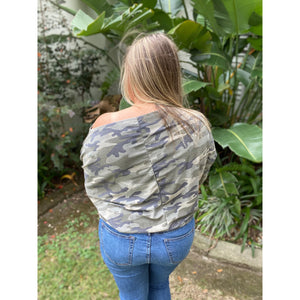 “This Girl Wears Camo” Camouflage Off Shoulder Open Neck Dolman Long Sleeve Top Green