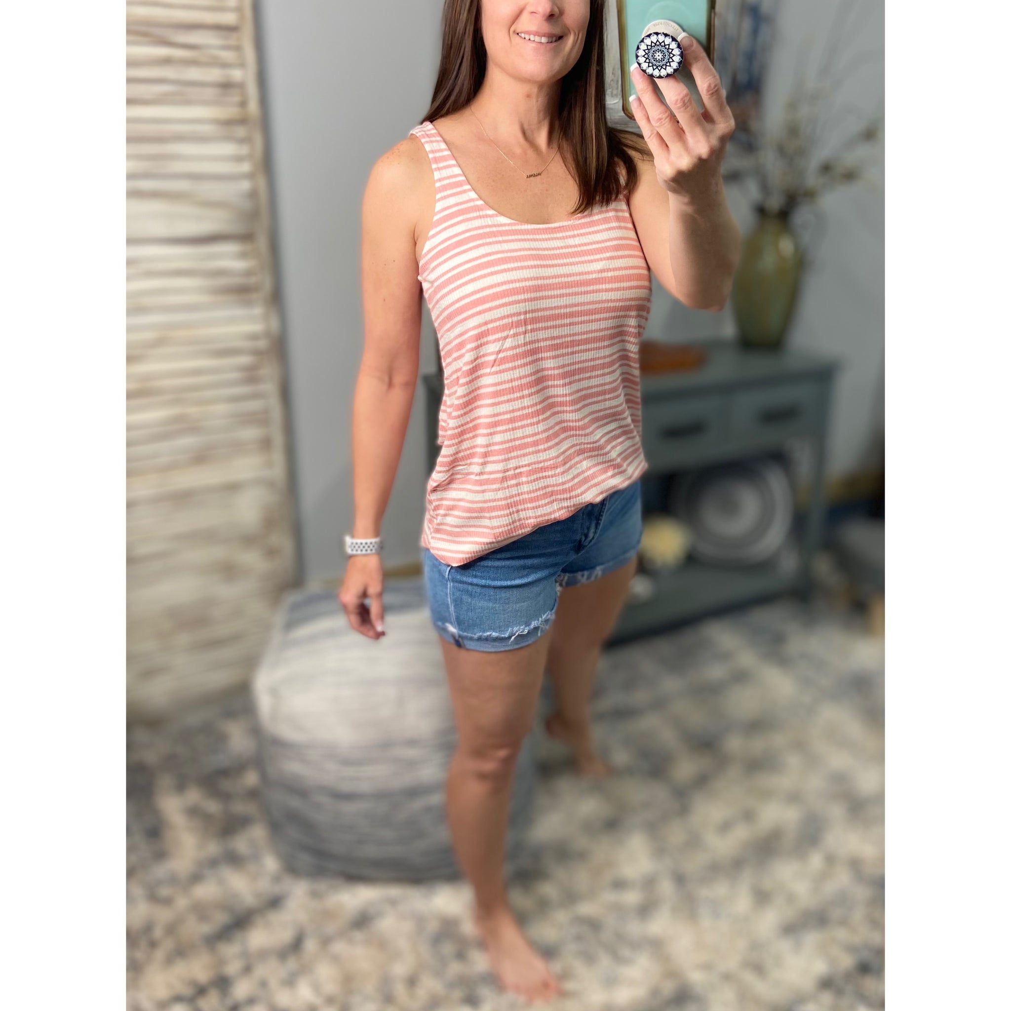 "Level Up" Ribbed Striped Scoop Neck Sleeveless Summer Beach Floaty Tank Top Tunic Pink
