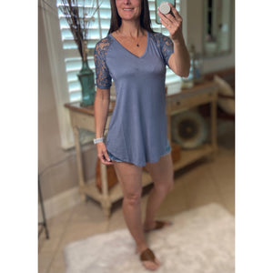 "All About The Lace" Lace Short Sleeve V-Neck Rounded Bottom Dressy Blue S/M/L/XL