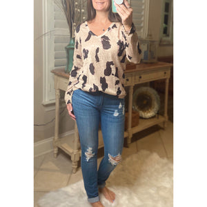 "Wild Child" V-Neck Floaty Animal Print Leopard Long Sleeve Taupe