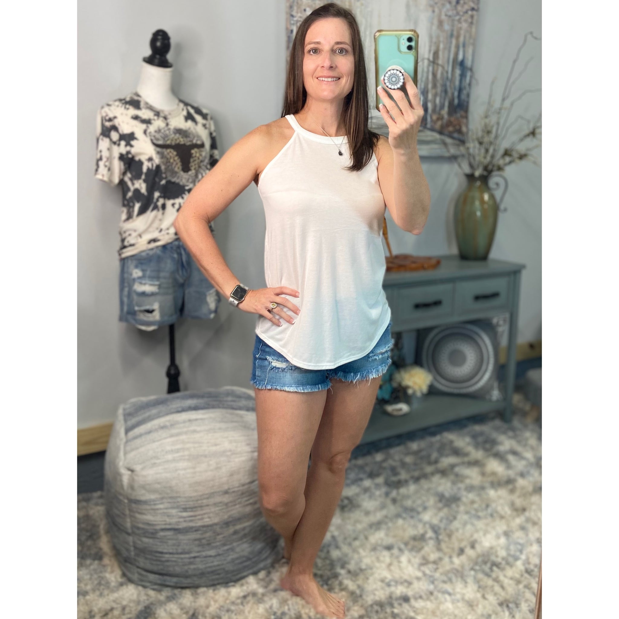 Tri Rocker Racerback Round Neck Floaty Trendy Tank Top Summer White