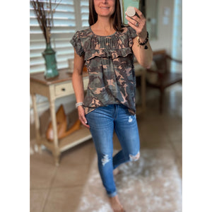“I’m Still A Girl” Camouflage Gathered Chest Short Ruffle Sleeve Top Green S/M/L/XL