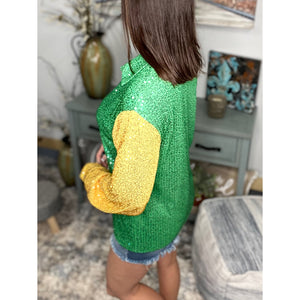 “The Krewe” Mardi Gras Sequined Color Block Balloon Sleeves Button Up Shacket Parade Purple Green & Gold