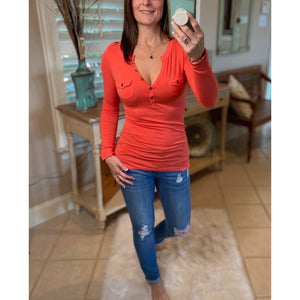 Sexy Deep V Neck Plunge Cleavage Military Henley Pocket Top Light Orange