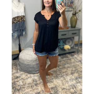 “Just Be You” Sheer Burnout Melange Tissue V Neck Henley Short Tab Sleeve Shirt Tee Black