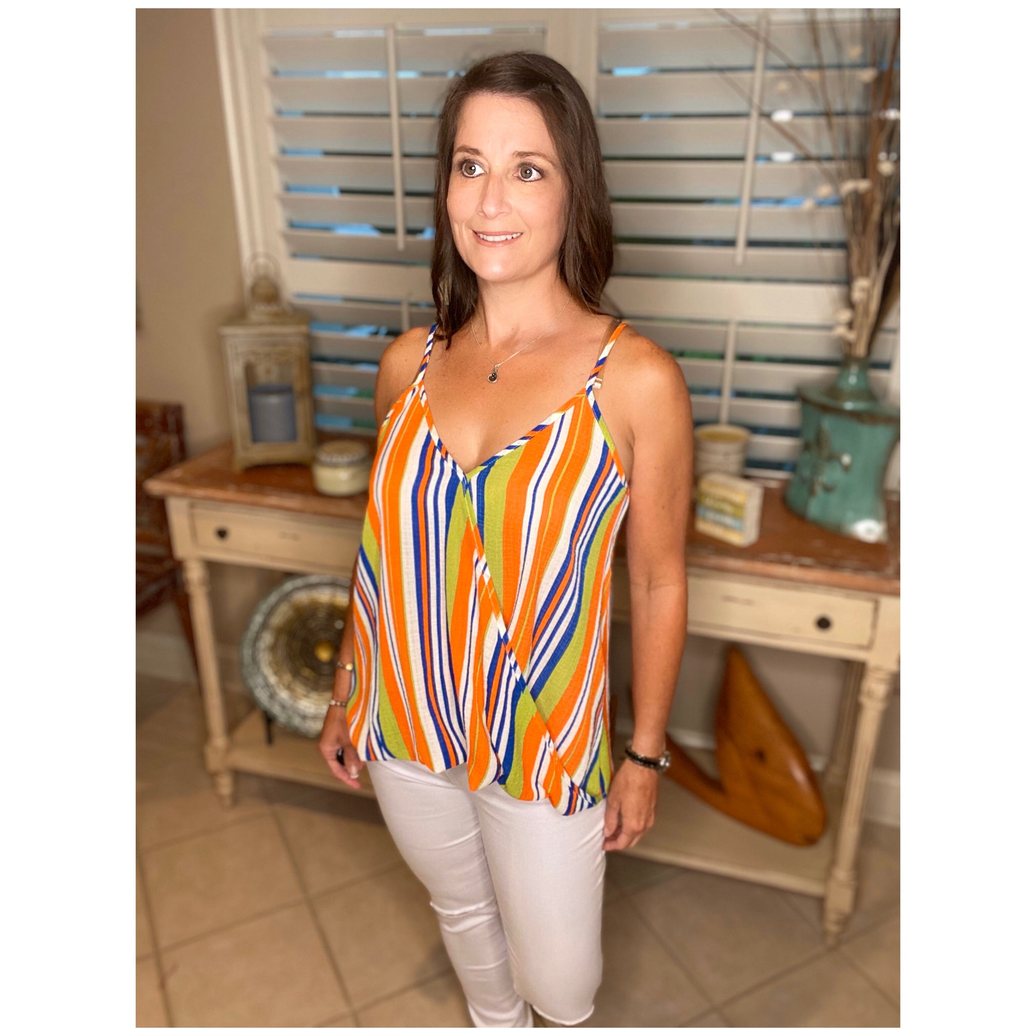 Vibrant V-Neck Floaty Draped Bubble Striped Spaghetti Strap Summer Tank S/M/L