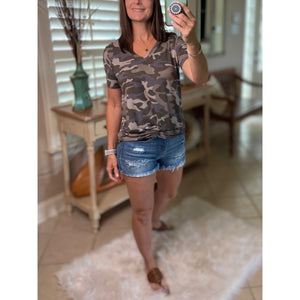 "Summertime Tee" Camouflage Loose Floaty V Neck Short Sleeve Boyfriend Tee Shirt Army Green