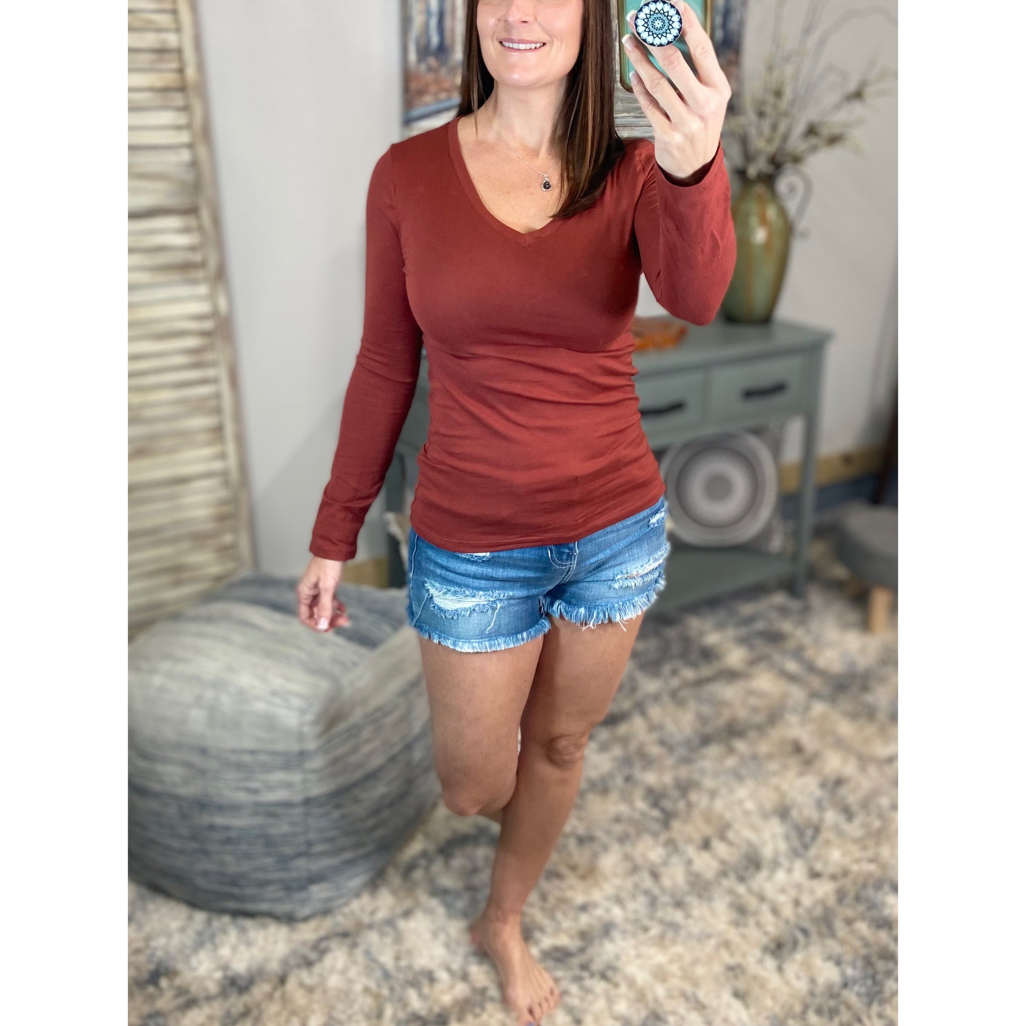 “Easygoing” Slimming V-Neck Low Cut L/S Tissue Basic Baby Shirt Top Dk Rust S/M/L