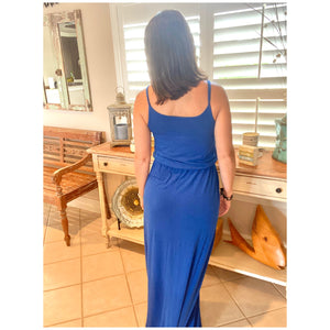 Sexy Scoop Neck Cami Tank Maxi Long Tube Pocket Adjustable Dress Blue