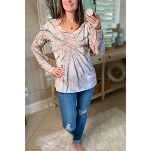 “Sunday Afternoon” Tie Dye French Terry V-Neck Long Sleeve Floaty Light Pink