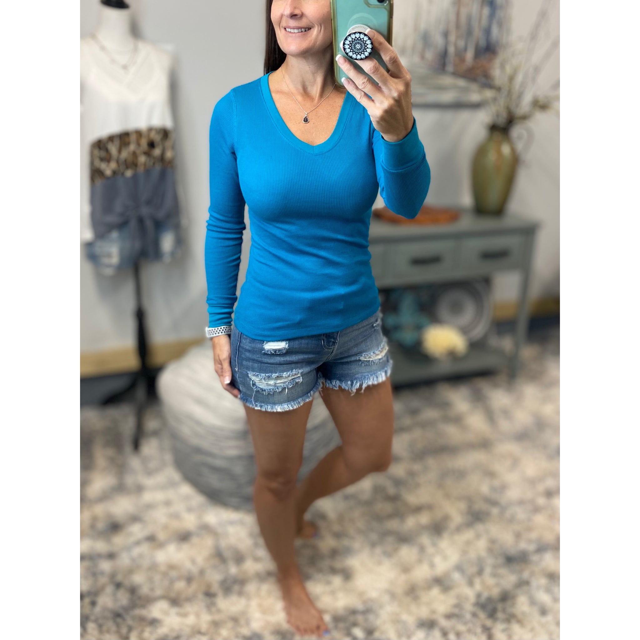 Very Sexy Deep V-Neck Cleavage Thermal Waffle Slimming Shirt Top Teal S/M/L