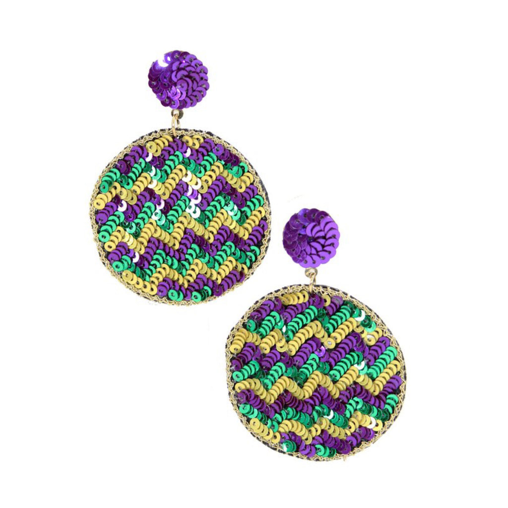“Doubloons Galore” Mardi Gras Chevron Sequined Carnival Parade Post Earrings Purple Green & Gold