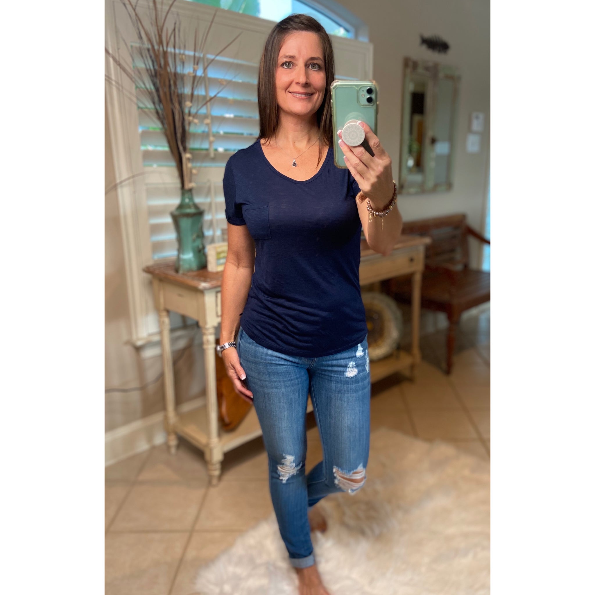 Very Sexy Sheer Burnout Melange Tissue Scoop Neck Top Shirt Tee Navy S/M/L