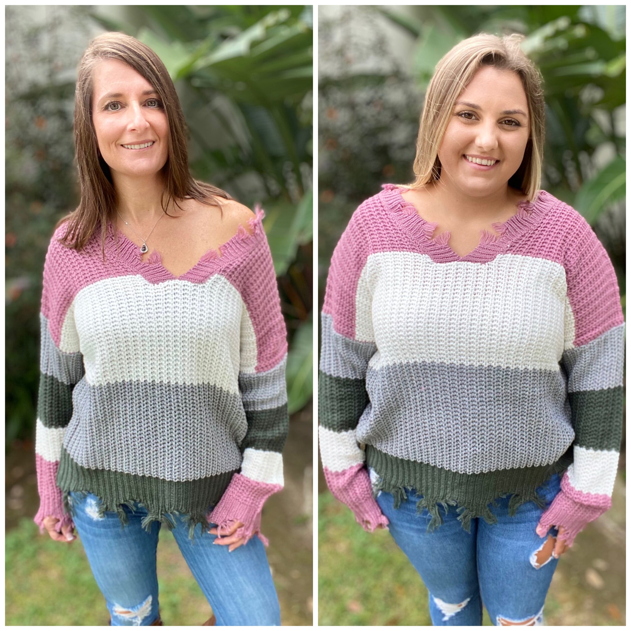 “Mauve On Over” Chunky Knit Sweater Distressed Drop Open Shoulder V-Neck Long Sleeve