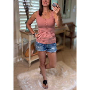 “Let The Sun Shine” Ribbed Henley Low Cut Boy Beater Cleavage Fitted Tank Top Pink