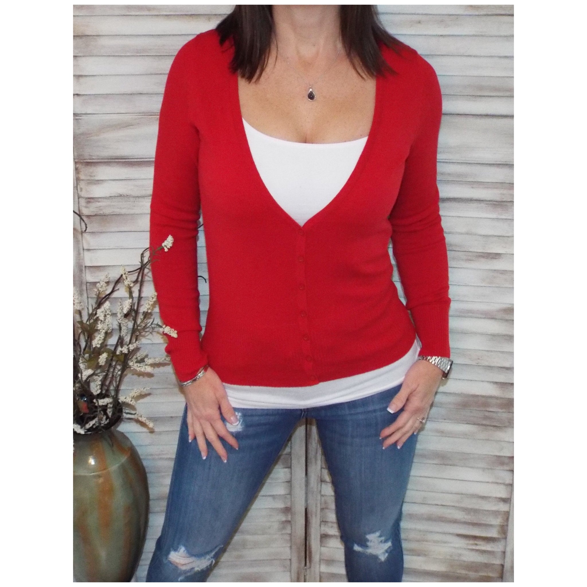Sexy Preppy Cropped Cleavage Button Up Cardigan Long Sleeve Sweater Red