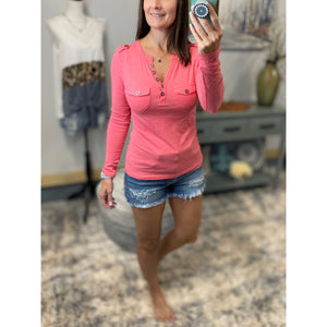 V-Neck Plunge Preppy Burnout Cleavage Military Henley Pocket Coral S/M/L