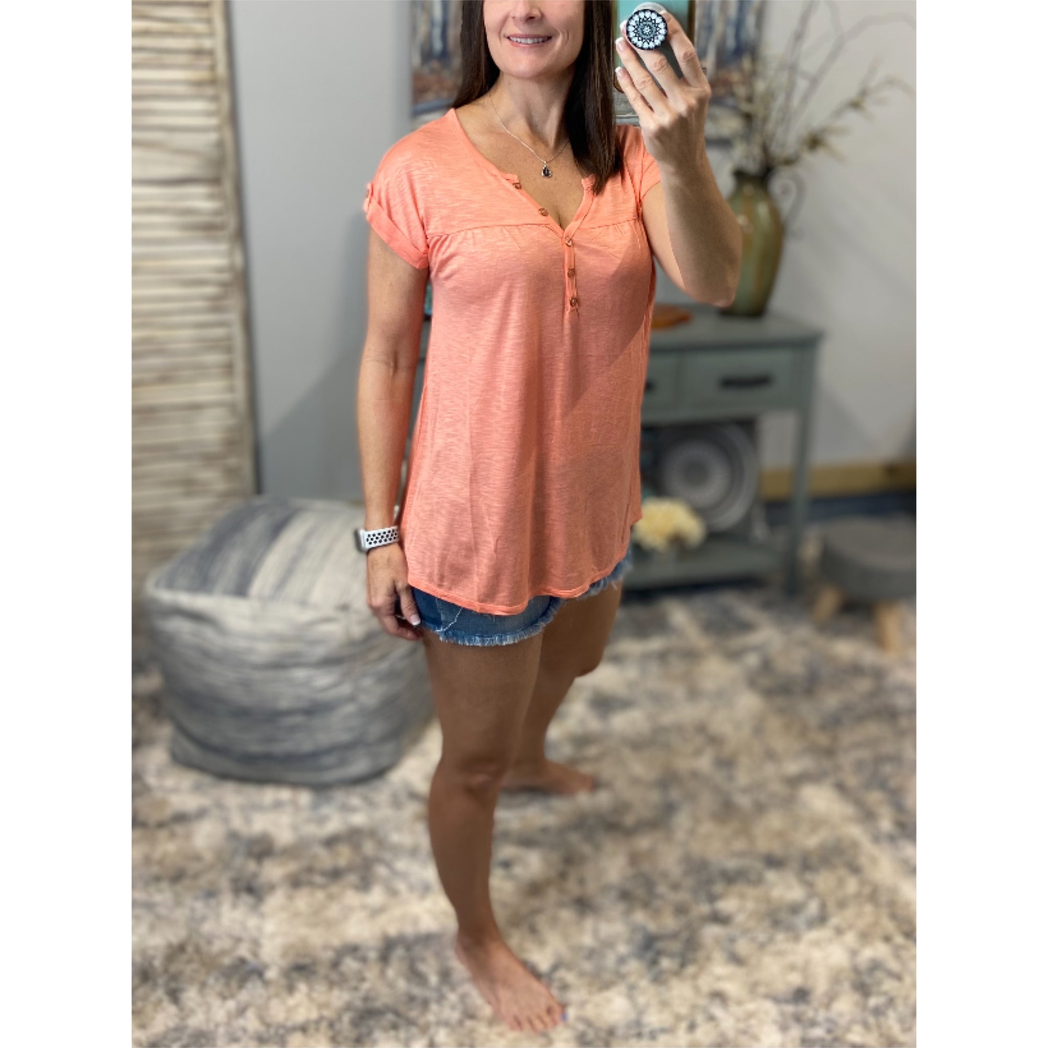 “Just Be You” Sheer Burnout Melange Tissue V-Neck Henley Tab Sleeve Shirt Floaty Tee Peach