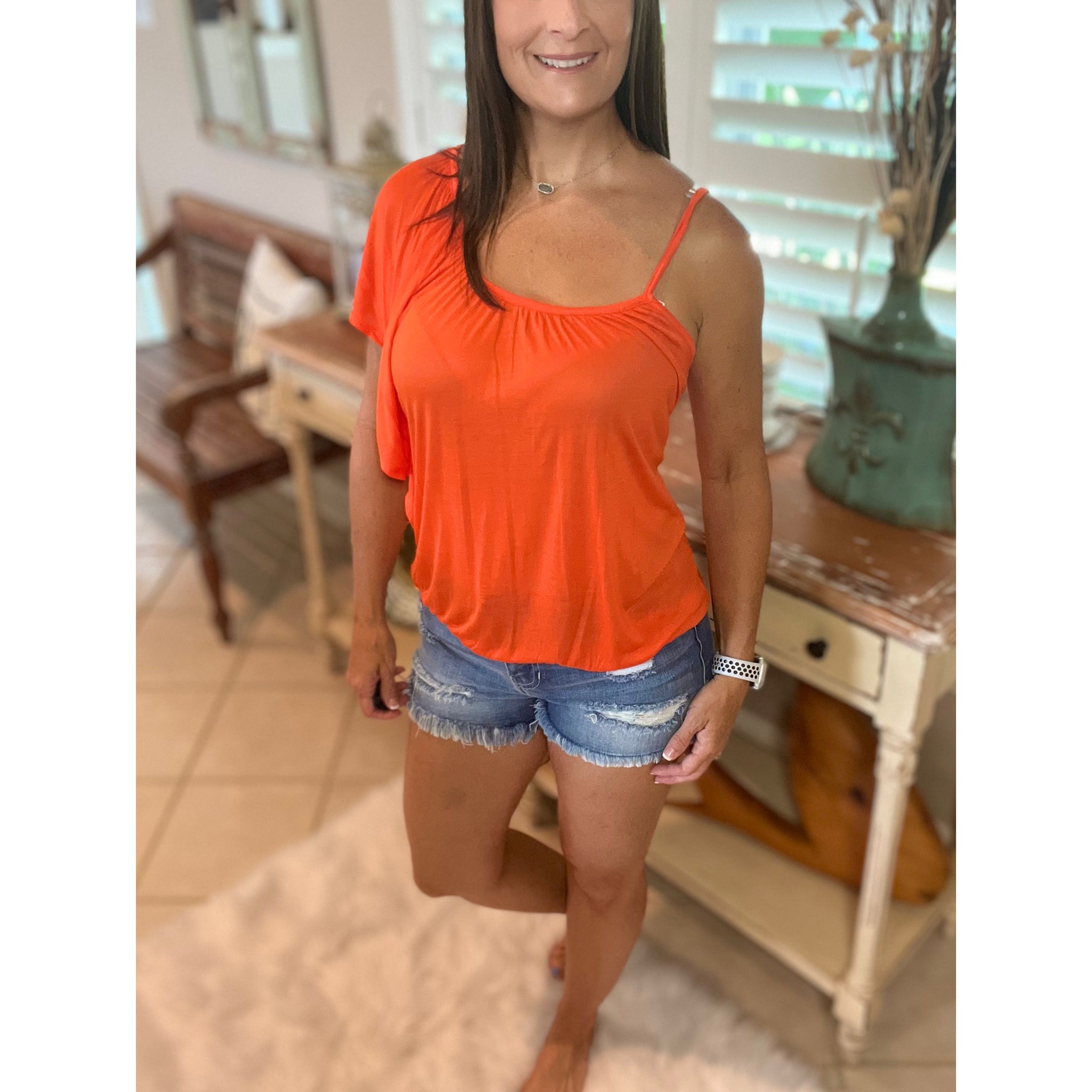 Dolman Ruched Flutter Batwing Cold One Shoulder Club Top Orange S/M/L