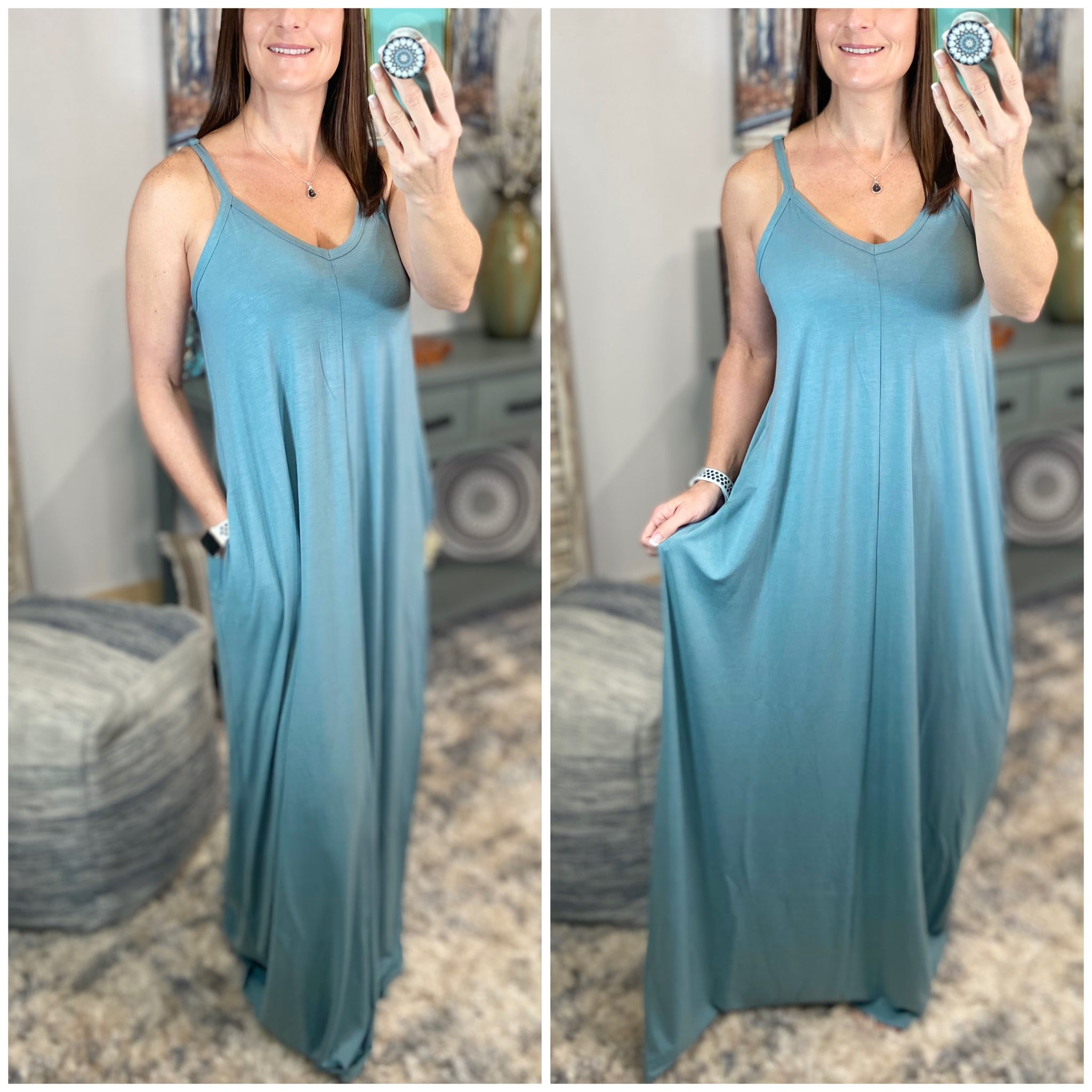 “Just A Little Bit Longer” V-Neck Cami Tank Maxi Long Tube Pocket Dress Blue S/M/L/XL