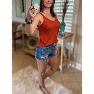 “Spring Fling” Sexy Low Double V Neck Back Sleeveless Dressy Sweater Tank Rust