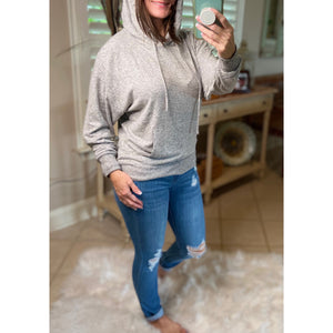 "Cute & Cozy" Plush Drawstring Brushed Hacci Sweater Knit Hoodie L/S Gray S/M/L