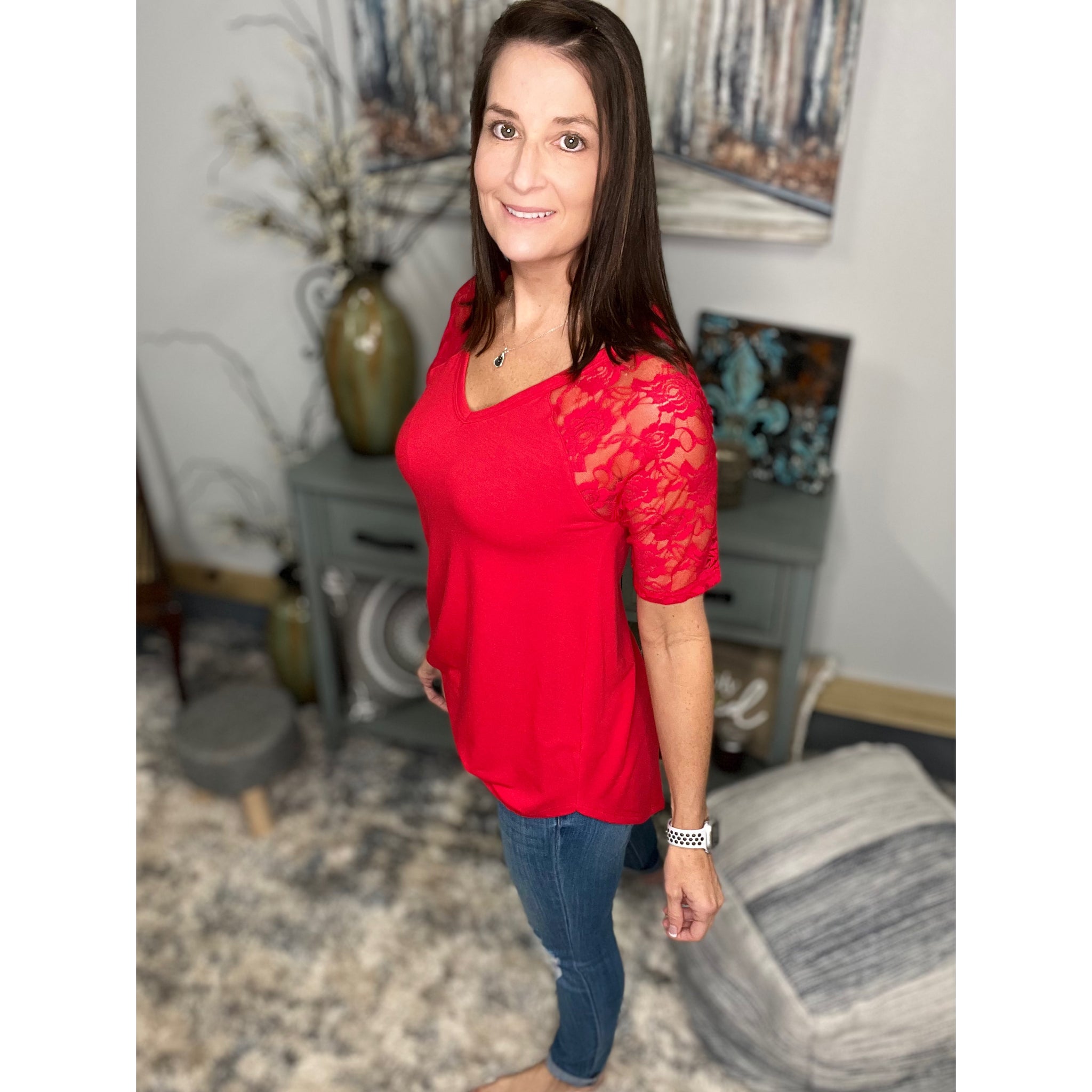 "All About The Lace" Lace Short Sleeve V Neck Rounded Bottom Dressy Red