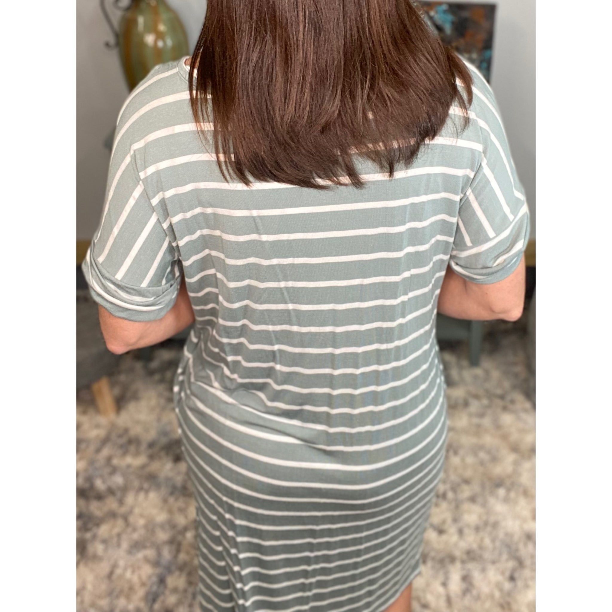 "Think Out The Box" Boxy V-Neck Striped Rolled Cuff Sleeve Pocket Summer Tee Shirt Dress Sage Green S/M/L