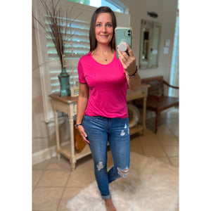 Sexy Sheer Burnout Melange Tissue Scoop Neck Short Sleeve Top Shirt Tee Hot Pink