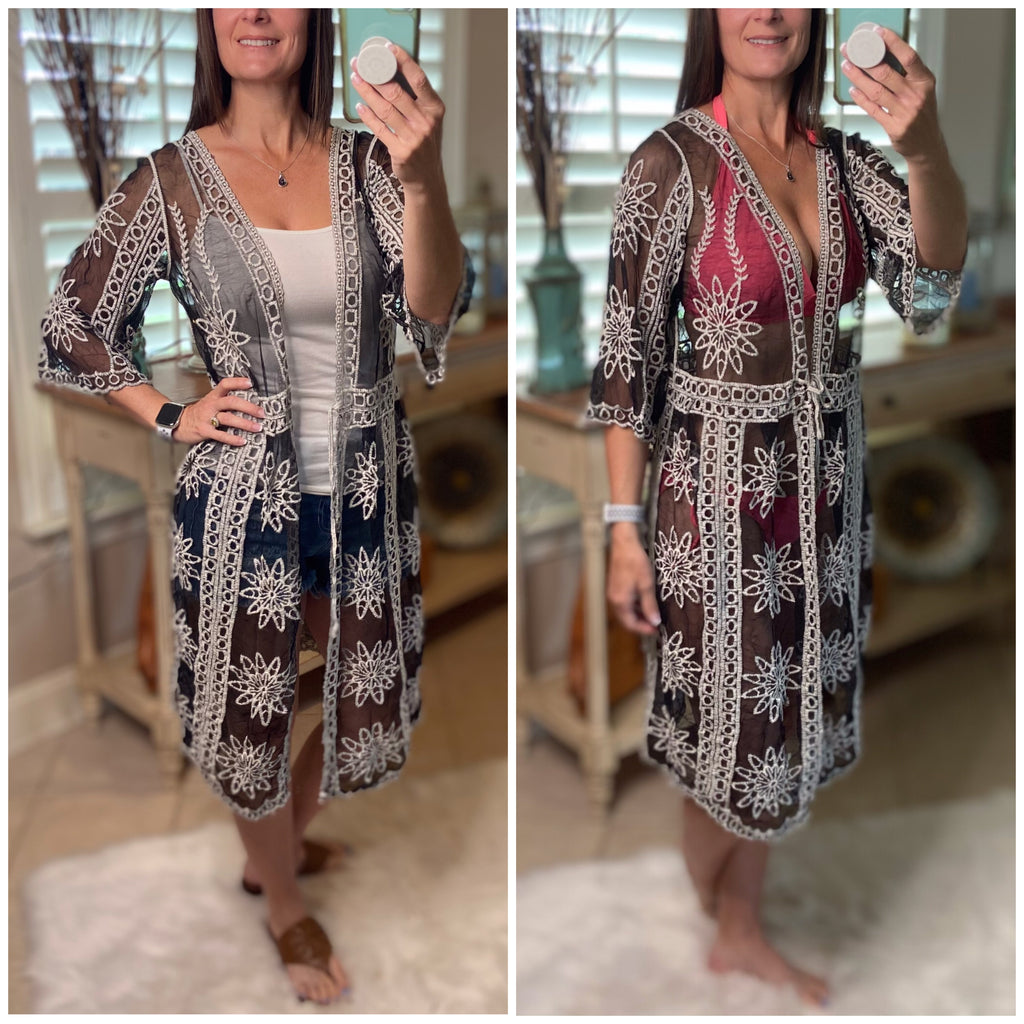 “Summertime's Calling Me” Crochet Mesh Chic Boho Beach Cover Up Tie Waist Black White OS