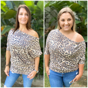 “Let’s Go Out” Leopard Off Shoulder Open Neck Dolman 3/4 Sleeve Top Brown