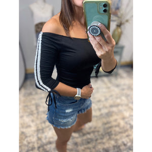 Sexy Off Shoulder Sporty Contrast Striped Tie Sleeve Semi Cropped Top Black