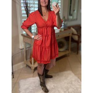 “Say You Won’t Let Go” Boho Tiered Ruffle Trim V Neck Half Sleeve Western Peasant Babydoll Dress Rust