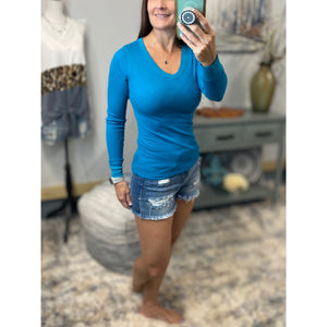 Very Sexy Deep V-Neck Cleavage Thermal Waffle Slimming Shirt Top Teal S/M/L